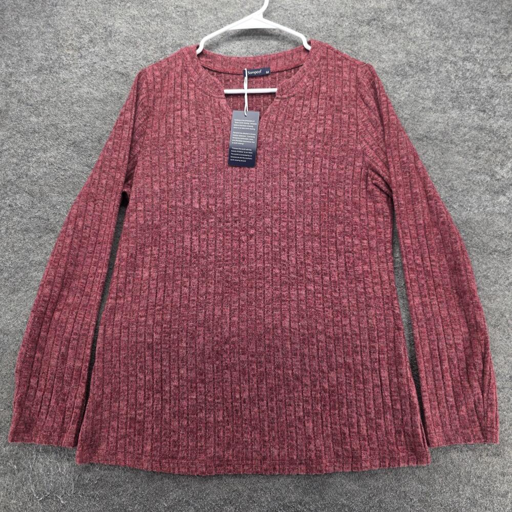 Sampeel Sweater Pullover Womens M Red V-Neck Lightweight Stretch Tight-Knit